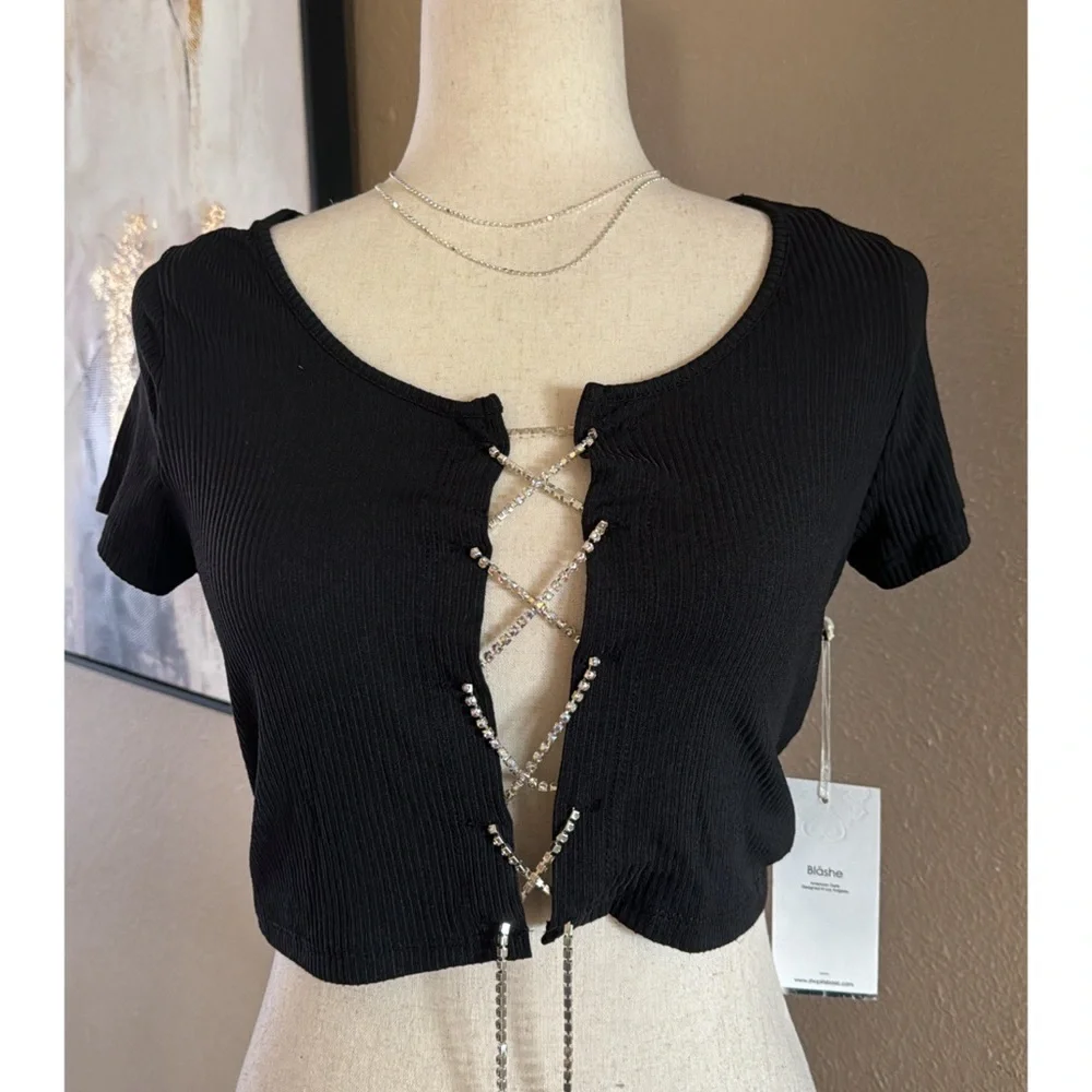 Crop rhinestone lace up top in black - Picture 1 of 6